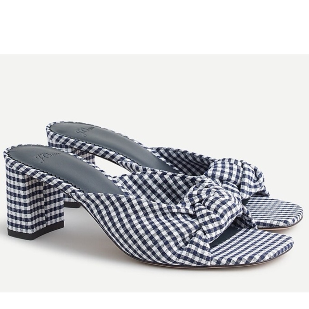 New J Crew Knotted Block Heel Sandals SZ 6.5 Shoes Navy Blue & White Gingham